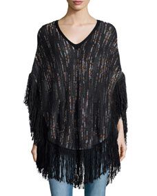 Ella Moss Woven Speckled Cape W/Fringe Trim, Black