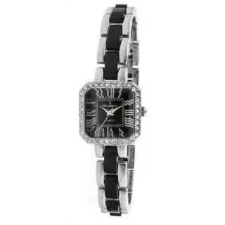 Peugeot Womens Acrylic Link Crystal Accented Silvertone Black Watch