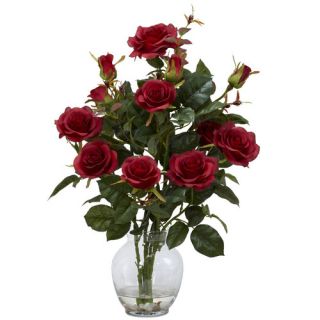 Nearly Natural Rose Bush Silk Flower Arrangement in Red with Vase