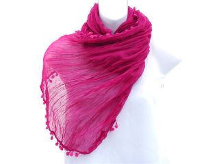 Long sheer fabric scarf with mini ball tassel fringe   Fuchsia