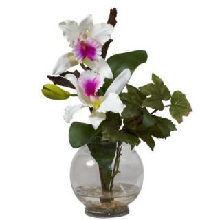 14.5 in. H White Mini Cattleya with Fluted Vase Silk Flower Arrangement 1275 WH