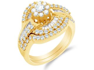 14K Yellow Gold Diamond Flower Cross Over Setting Engagement Ring with Matching Curved Wedding Band 2 Ring Set   Solitaire w/ Invisible Channel Set Round & Baguette Diamonds   (1.24 cttw, G H, SI2)