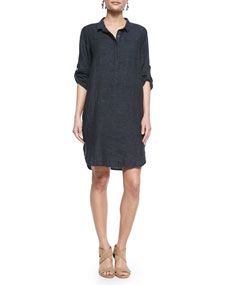 Eileen Fisher 3/4 Sleeve Organic Linen Henley Dress, Denim, Petite