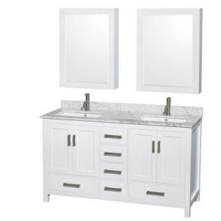 Wyndham Collection Sheffield 60 in. Double Vanity in White with Marble Vanity Top in Carrara White and Medicine Cabinets WCS141460DWHCMUNSMED