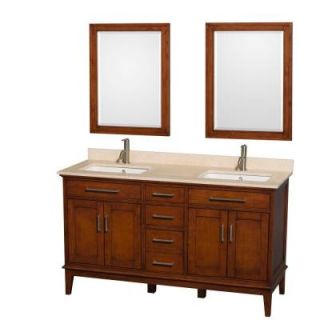 Wyndham Collection Hatton 60 in. Double Vanity in Light Chestnut with Marble Vanity Top in Ivory, Square Sink and 24 in. Mirror WCV161660DCLIVUNSM24