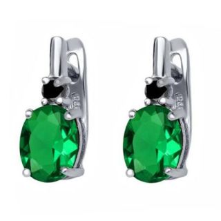 4.73 Ct Oval Green Simulated Emerald Black Diamond 925 Sterling Silver Earrings