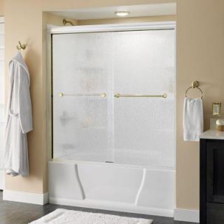 Delta Crestfield 59 3/8 in. x 58 1/8 in. Semi Frameless Sliding Tub Door in White with Brass Handle and Rain Glass 171292