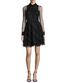 RED Valentino Point DEsprit Long Sleeve Ruffled Dress