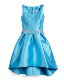 Zoe Sateen High Low Dress w/ Rhinestone Belt, Blue, Size 7 14