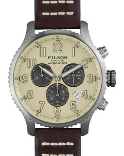 Filson 43mm Mackinaw Field Chrono Watch with Leather Strap, Brown/Cream