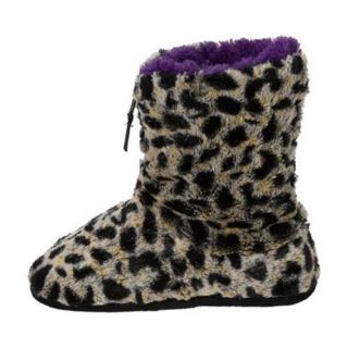 Womens Dearfoams Pile Boot Slipper with Zipper Grey Leopard