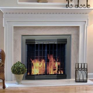 Pleasant Hearth Grandior Bay Fireplace Screen and Bi Fold Track Free Elegant Clear Glass Doors   Antique Brass   Fireplace Screens