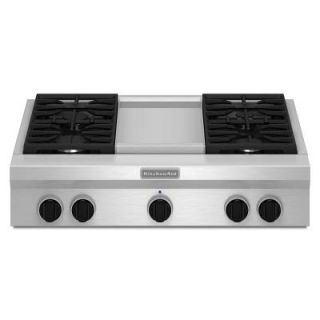 KitchenAid 36 in. Gas Cooktop in Stainless Steel with Griddle and 4 Burners including 20000 BTU Ultra Power Dual Flame Burner KGCU463VSS
