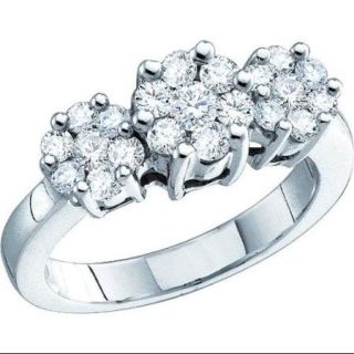 10K White Gold 0.25ctw Sleek Pave Round Diamond 3Flower Ladies Fashion Ring