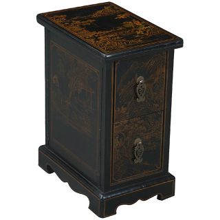 Hand painted Black Bonded Leather Oriental End Table  
