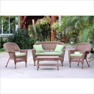 Jeco 4pc Wicker Conversation Set in Honey with Green Cushions