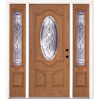 Feather River Doors 63.5 in. x 81.625 in. Lakewood Zinc 3/4 Oval Lite Stained Light Oak Fiberglass Prehung Front Door with Sidelites 722390 3A3