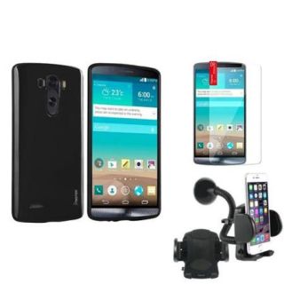 Insten Black TPU Jelly Rubber Gel Skin Case Cover+Windshield Phone Holder+Film For LG G3 D855