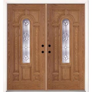 Feather River Doors 74 in. x 81.625 in. Medina Zinc Center Arch Lite Stained Light Oak Fiberglass Double Prehung Front Door 332391 400