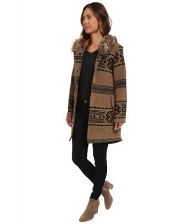 Bb Dakota Brenden Jacquard Coat With Faux Fur Trim Hood Churro