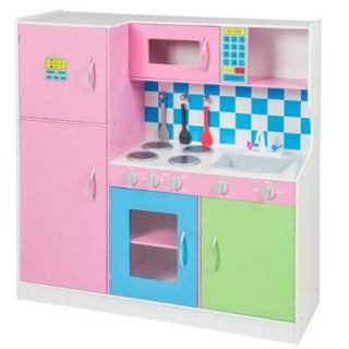 Deluxe Wooden Pink Kitchen Set Kids Toddler Refrigerator Pretend Wood Play Set