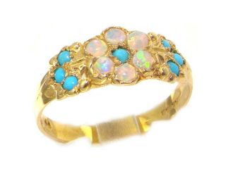 Luxury 9K Yellow Gold Womens Turquoise & Fiery Opal English Made Victorian Style Eternity Ring   Size 9.25   Finger Sizes 5 to 12 Available