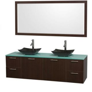 Wyndham Collection Amare 72 in. Double Vanity in Espresso with Glass Vanity Top in Green, Granite Sinks and 70 in. Mirror WCR410072DESGGGS4M70