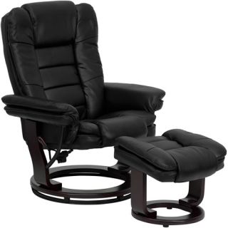 Contemporary Leather Recliner and Ottoman with Swiveling Wood Base, Multiple Colors
