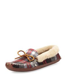 Ralph Lauren Collection Shearling Fur Lined Plaid Slipper, Red Multi