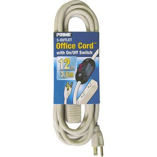 Prime Wire 12 Foot 16/3 SJT 3 Outlet Office Cord With ln Line Switch, Beige