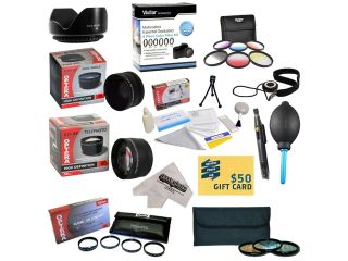 Olympus SP 590 15 Piece lens Kit with 0.20X Super Wide Angle Fisheye lens, 5 PC Close Up Set, 2.2x HD AF Telephoto Lens, 3 Piece Filter Kit, Cleaning Kit, Mini Tripod, Microfiber Cloth, $50 Gift Card!