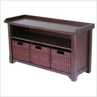 Winsome Milan Storage Bench with 3 Wired Baskets in Antique Walnut