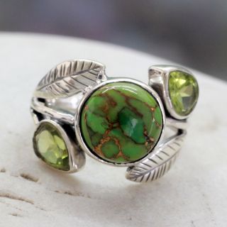 Handcrafted Sterling Silver Green Ivy Turquoise Peridot Ring (India)