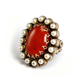 Sweet Romance Bronzetone Red Glass and Seed Pearl Oval Ring