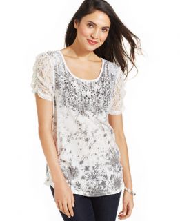 Style&co. Lace Sleeve Printed Embellished Tee   Tops   Women