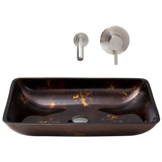 VIGO Vessel Bathroom Sets Brown and Gold Tempered Glass Vessel Rectangular Bathroom Sink with Faucet (Drain Included)
