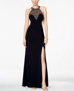Betsy & Adam Beaded Star Open Back Halter Illusion Gown   Dresses