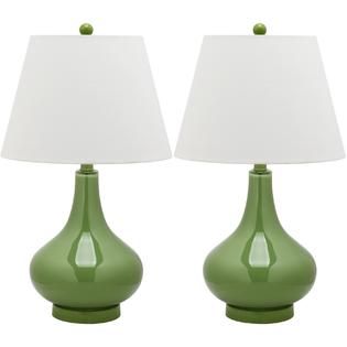 Safavieh 26 Green Glass Metal Table Lamp  Cream Hardback Linen Shade