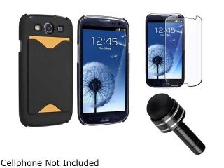 Insten Black Snap on Rubber Coated Case with Card Holder + Reusable Screen Protector + Black 3.5 mm Headset Dust Cap with Mini Stylus Compatible With Samsung Galaxy SIII/S3
