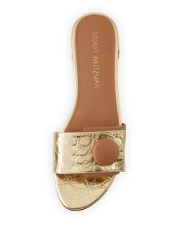 Stuart Weitzman Buttoni Crocodile Embossed Slide Sandal, Gold/Tan