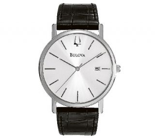 Bulova Mens Stainless Steel Black Leather Strap Watch —