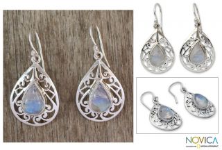 Sterling Silver Rainbow Teardrops Moonstone Dangle Earrings (India