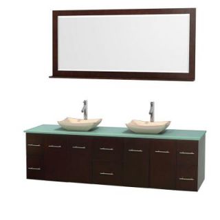 Wyndham Collection Centra 80 in. Double Vanity in Espresso with Glass Vanity Top in Green, Ivory Marble Sinks and 70 in. Mirror WCVW00980DESGGGS2M70