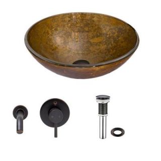 Vigo Glass Vessel Sink in Textured Copper with Olus Wall Mount Faucet Set in Antique Rubbed Bronze VGT338