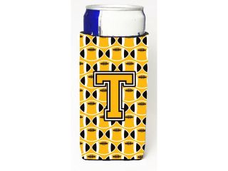 Letter T Football Black, Old Gold and White Ultra Beverage Insulators for slim cans CJ1080 TMUK