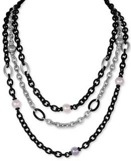 Majorica Two Tone Chain and Man Made Pearl Three Row Necklace