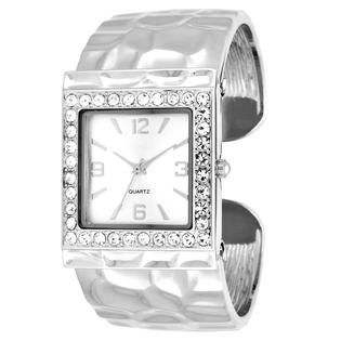Ladies Dress Watch w/Crystal and ST Case, Silver Dial and Hammered ST