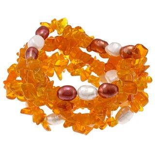 DaVonna Baroque FW Pearls and Orange Coral 5 Stretch Bracelets Set (7