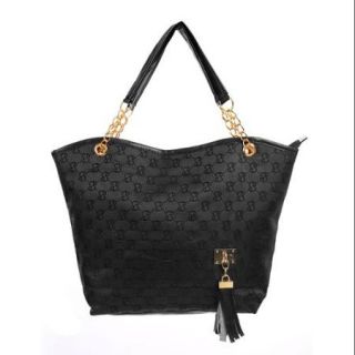 Antje Women Zipper Closure Number Pattern Panel Tassels Texture Handbags Black