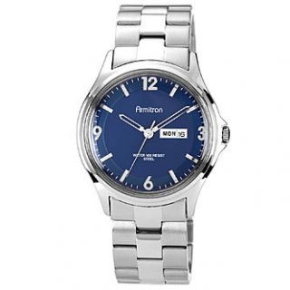Armitron Mens Silver tone Link Bracelet Watch w/ Blue Dial Day Date